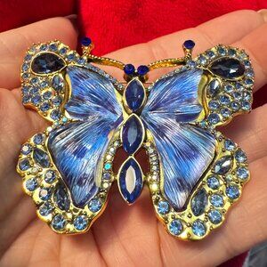 Butterfly Brooch Vintage Blue Rhinestone Enamel Statement Pin